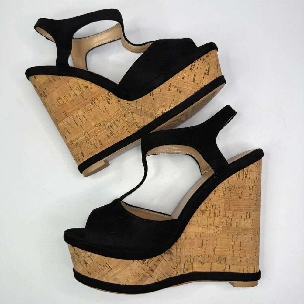 IDIFU IN5 Polly Wedges Womens 9 Black Nubuck Cork Platform T-Strap Sandals